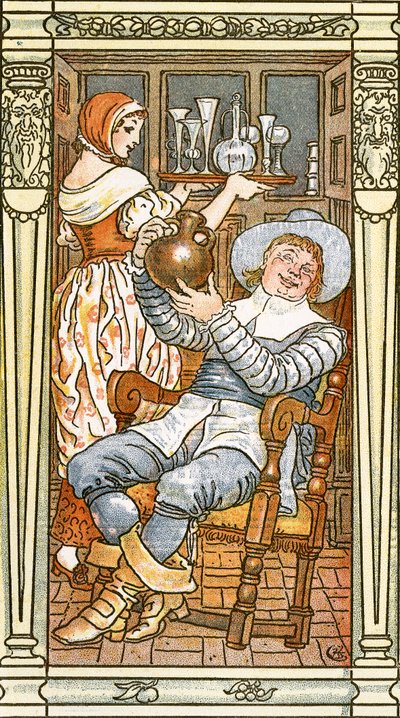Jolly man holding aloft a leather bottle, from the 